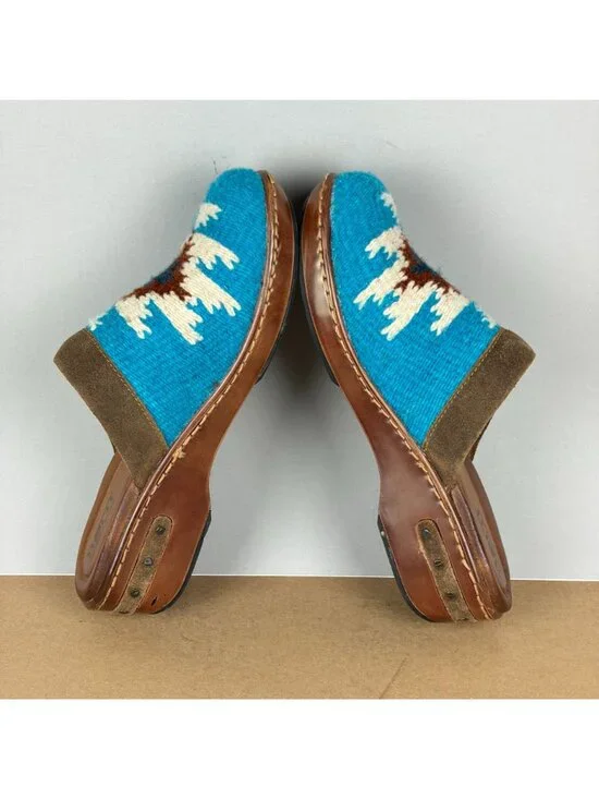 Born Bandy Blanket Mules Clogs Womens 9 Brown Blue White Slip On - Picture 5 of 11